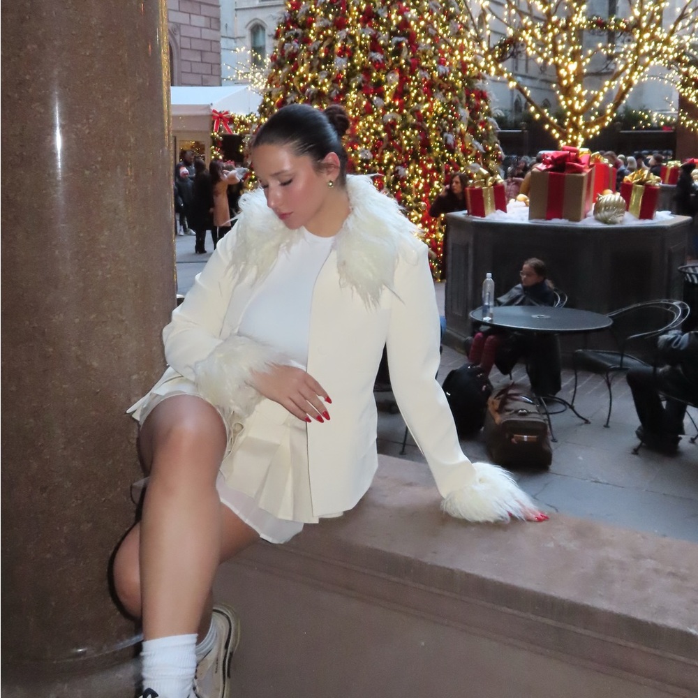 Cream fur lined jacket with matching cream pleated skirt - revolve